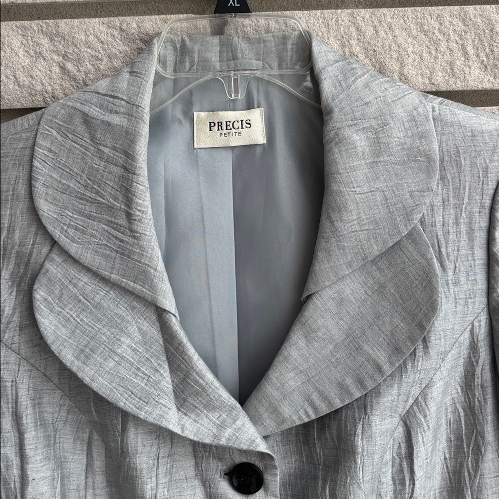 Precis Petite Gray/Silver Linen Blend Blazer with Double Collar and 3/4 Sleeves - Picture 4 of 7